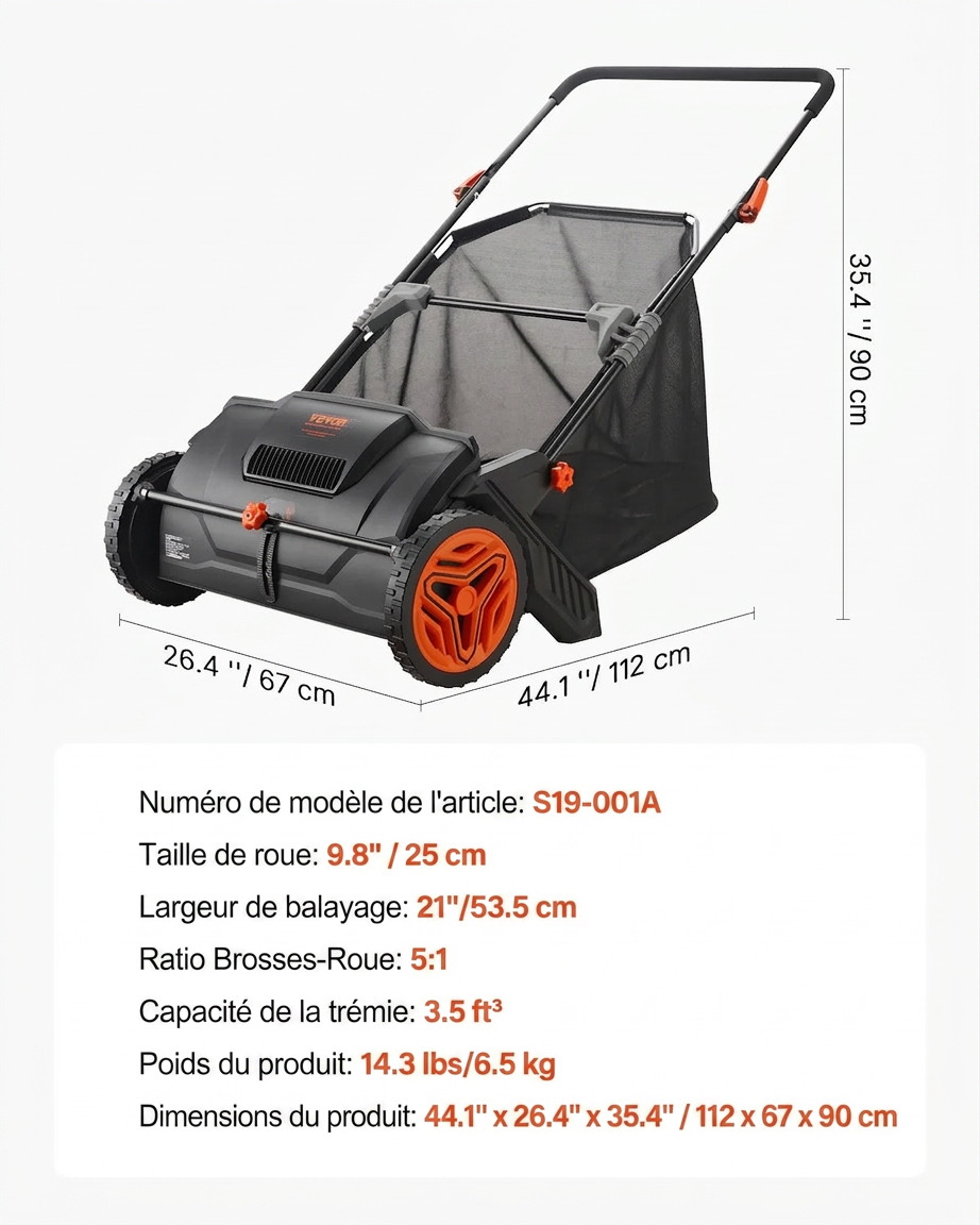 Vevor - Balayeuse LeafMaster à Gazon avec Bac à Grande Capacité