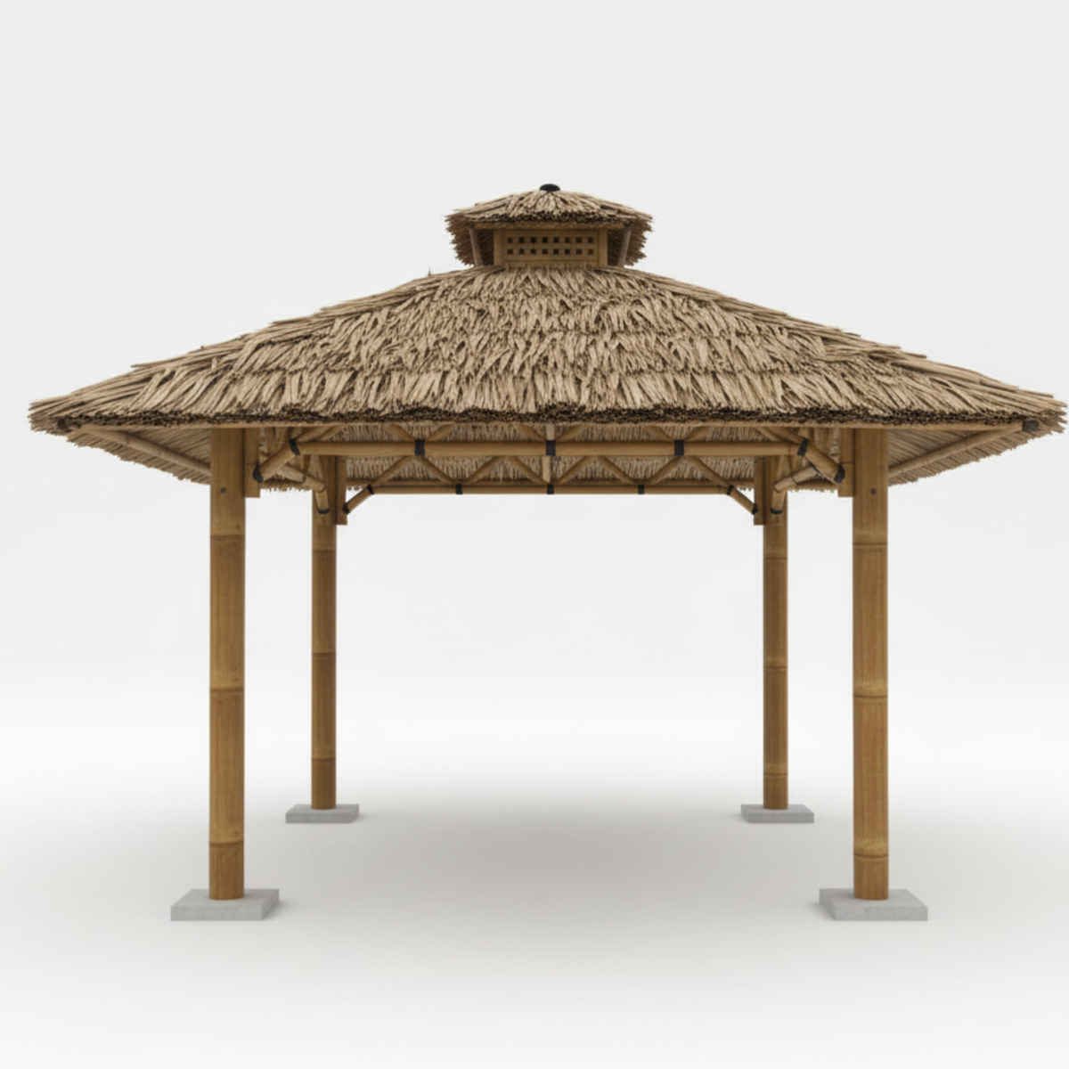 Abri en bambou avec toiture en palmier arumbia, structure ouverte et espace extérieur ombragé naturellement