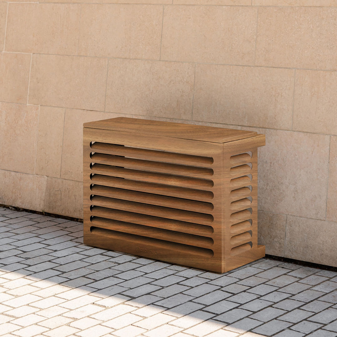 Cache clim bois exotique Cabanaclim – – Finition aluminium aspect bois, parfaite pour intégrer une unité extérieure de climatisation ou pompe à chaleur dans un environnement chaleureux, naturel et esthétique.