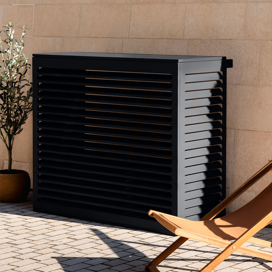 Modèle cache clim gris anthracite (ral 7016) – – vue : vue style architecture. Finition en aluminium haut de gamme, conçue pour habiller votre clim ou pompe à chaleur avec style. Un choix esthétique et pratique.