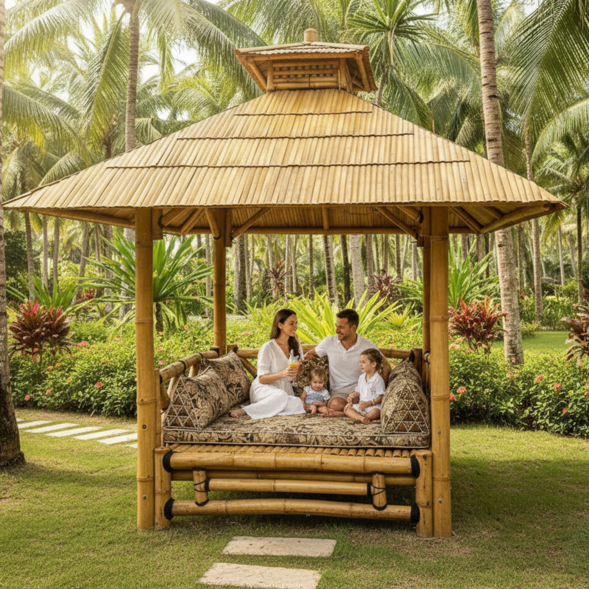 Paillote Bambou avec Plancher Surélevé | Gazebo & Pergola Balinaise avec Toiture Bambou ou Palmier | 250x250 & 300x300 cm