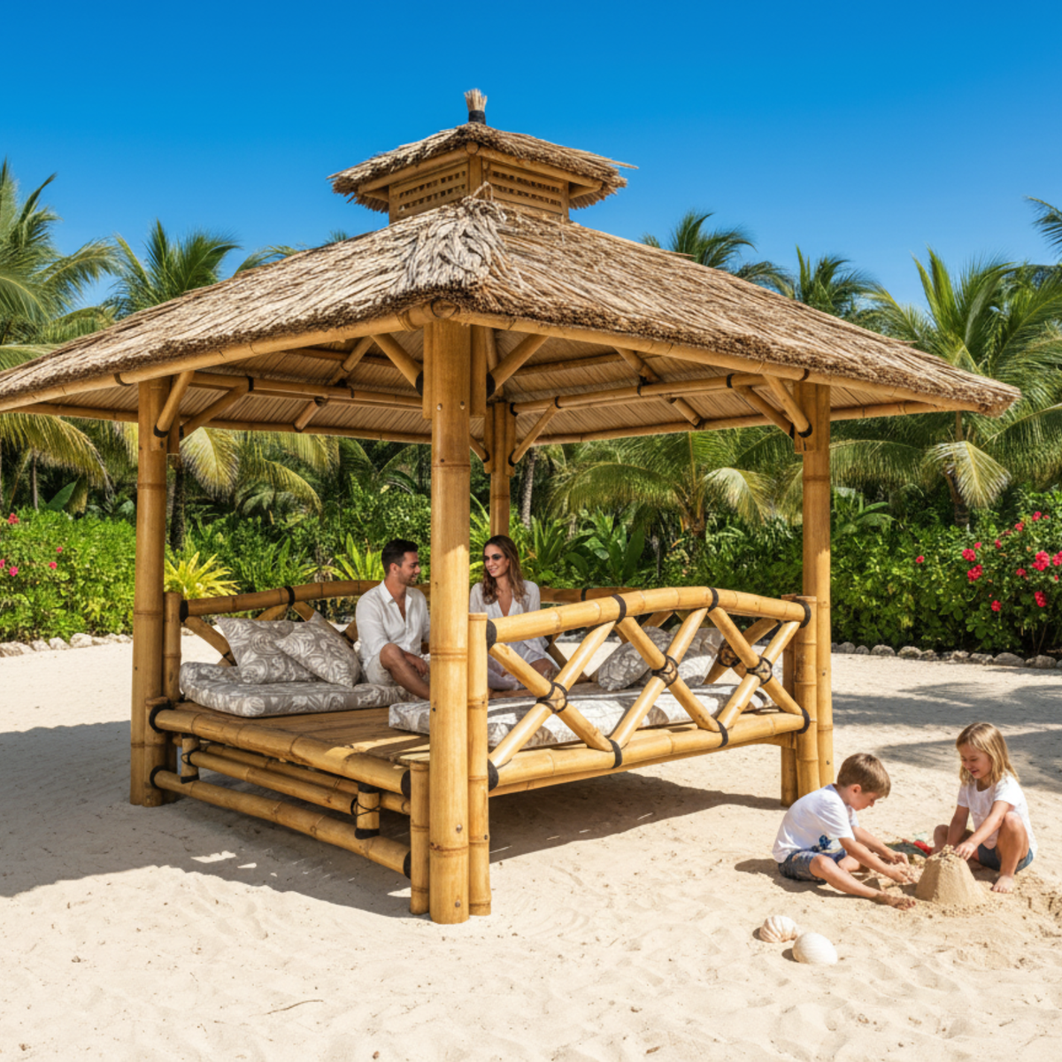 Paillote Bambou avec Plancher Surélevé | Gazebo & Pergola Balinaise avec Toiture Bambou ou Palmier | 250x250 & 300x300 cm