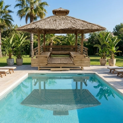 Paillote Bambou avec Banquettes M2 | Gazebo & Pergola Naturelle avec Tables | Toiture Bambou ou Palmier | 250x250 & 300x300 cm