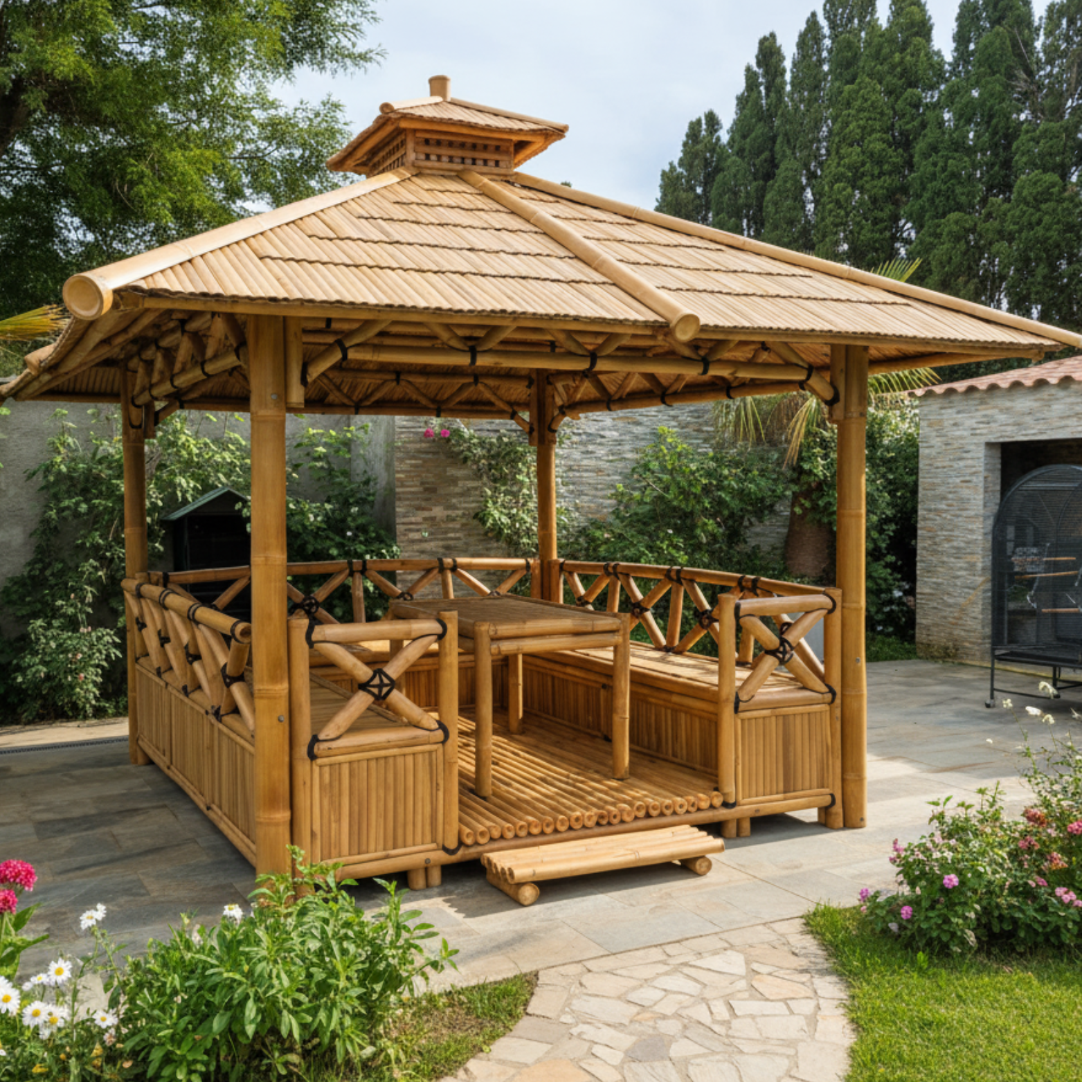 Paillote Bambou avec Banquettes M1 | Gazebo & Pergola Naturelle avec Espace Repas | Toiture Bambou ou Palmier | 250x250 & 300x300 cm