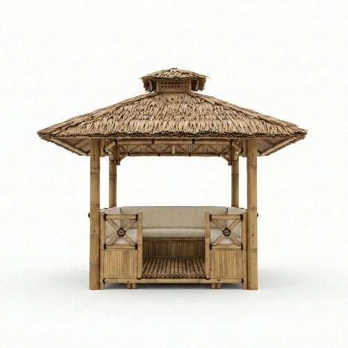 Paillote Bambou avec Banquettes M1 | Gazebo & Pergola Naturelle avec Espace Repas | Toiture Bambou ou Palmier | 250x250 & 300x300 cm
