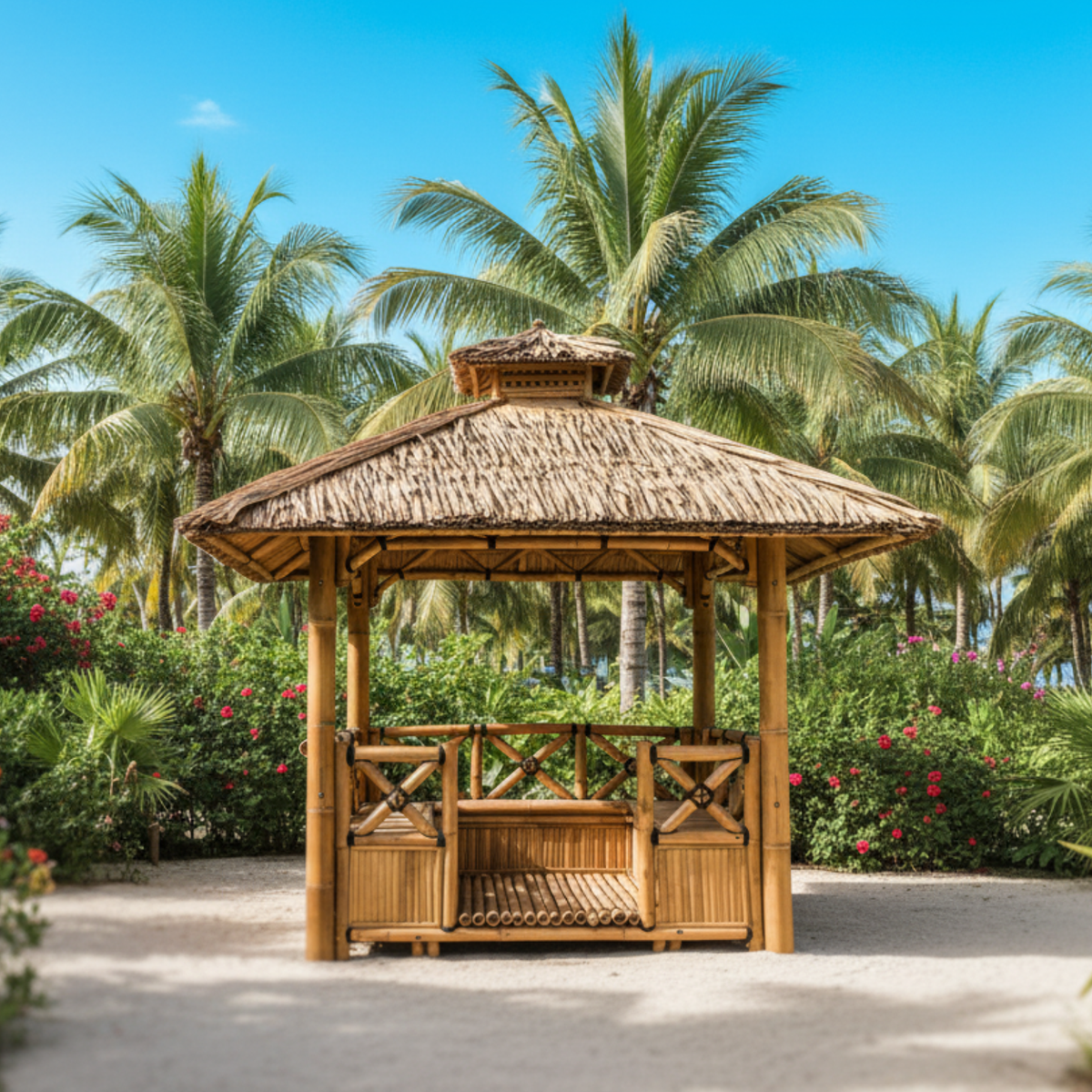 Paillote Bambou avec Banquettes M1 | Gazebo & Pergola Naturelle avec Espace Repas | Toiture Bambou ou Palmier | 250x250 & 300x300 cm