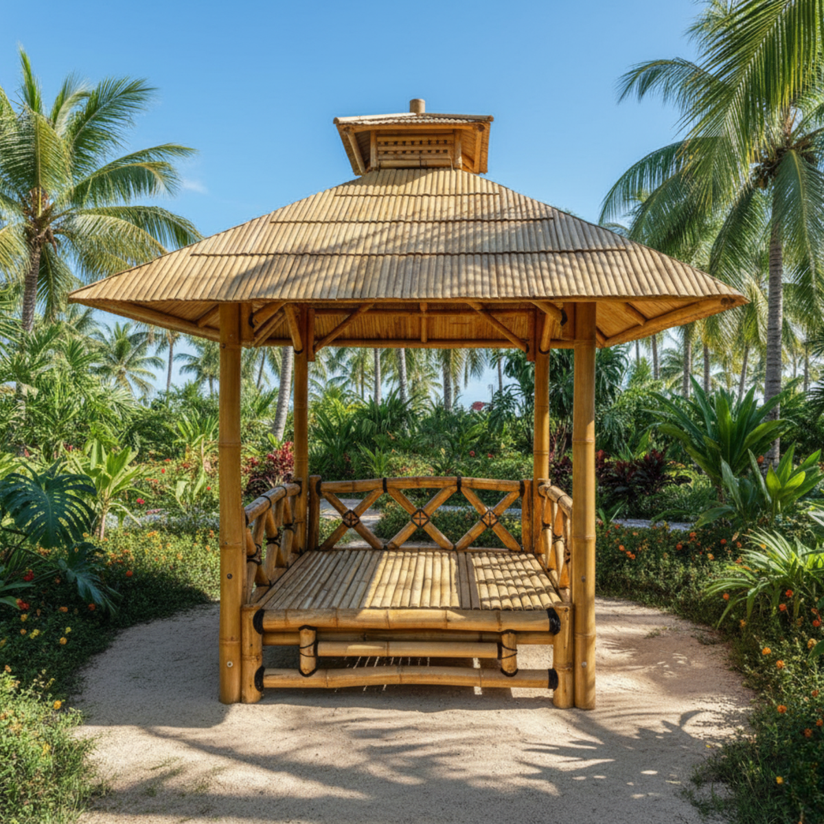 Paillote Bambou avec Plancher Surélevé | Gazebo & Pergola Balinaise avec Toiture Bambou ou Palmier | 250x250 & 300x300 cm