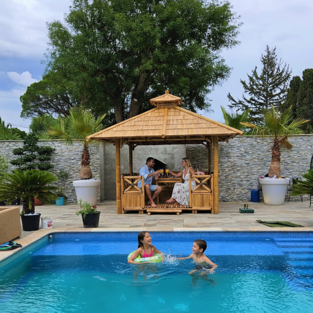 Paillote Bambou avec Banquettes M1 | Gazebo & Pergola Naturelle avec Espace Repas | Toiture Bambou ou Palmier | 250x250 & 300x300 cm