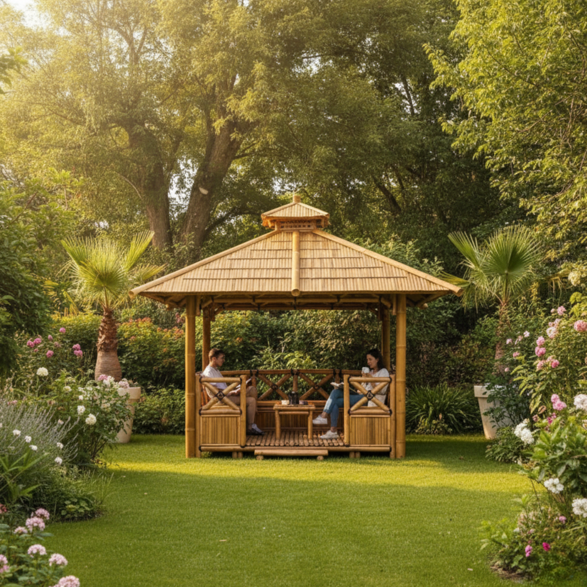 Paillote Bambou avec Banquettes M1 | Gazebo & Pergola Naturelle avec Espace Repas | Toiture Bambou ou Palmier | 250x250 & 300x300 cm