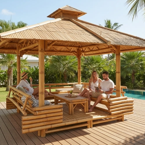 Paillote Bambou avec Banquettes M2 | Gazebo & Pergola Naturelle avec Tables | Toiture Bambou ou Palmier | 250x250 & 300x300 cm