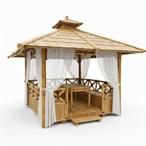 Paillote Bambou avec Banquettes M1 | Gazebo & Pergola Naturelle avec Espace Repas | Toiture Bambou ou Palmier | 250x250 & 300x300 cm